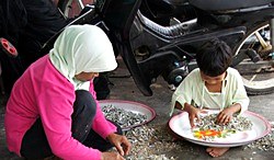 A woman and child sorting ikan bilis by hand, Malang Rapat