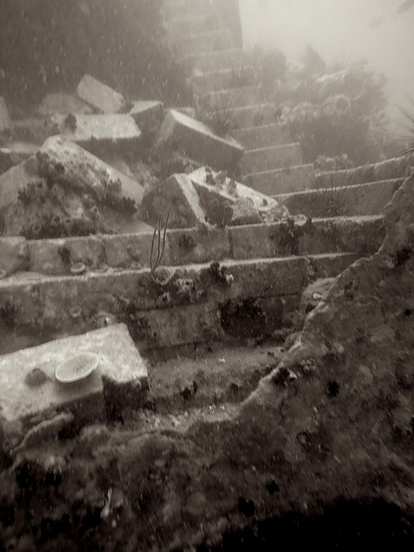 Submerged stepped structure encrusted with growth